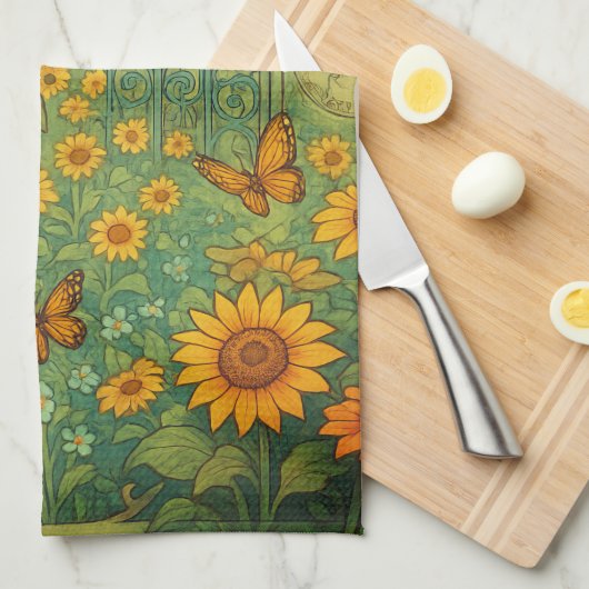 ヴィンテージひまわりガーデンバタフライアールヌーボー キッチンタオル (四つ折り)