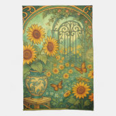 ヴィンテージひまわりガーデンバタフライアールヌーボー キッチンタオル (縦)