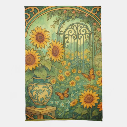 ヴィンテージひまわりガーデンバタフライアールヌーボー キッチンタオル (縦)