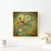 ヴィンテージひまわりガーデンバタフライアールヌーボー スクエア壁時計 (ホーム)