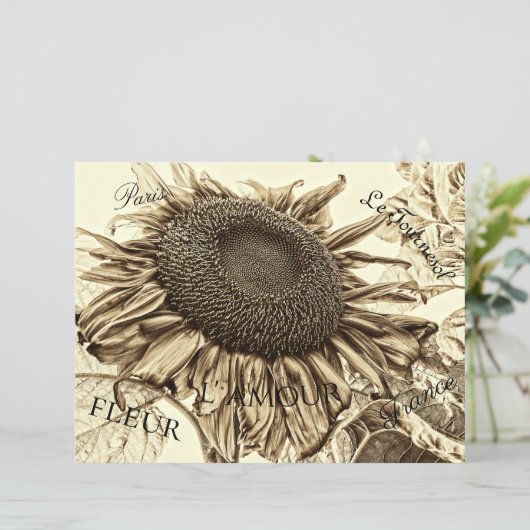 ヴィンテージひまわりセピアトーン古いスクリプトのデコパージュ (スタンド正面)