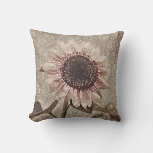 ヴィンテージひまわりセピア茶色ピンク素朴の質感 クッション (正面)