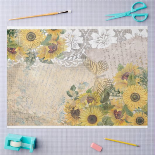 ヴィンテージひまわりバーラップレースイエローバタフライ 薄葉紙 (クラフト)