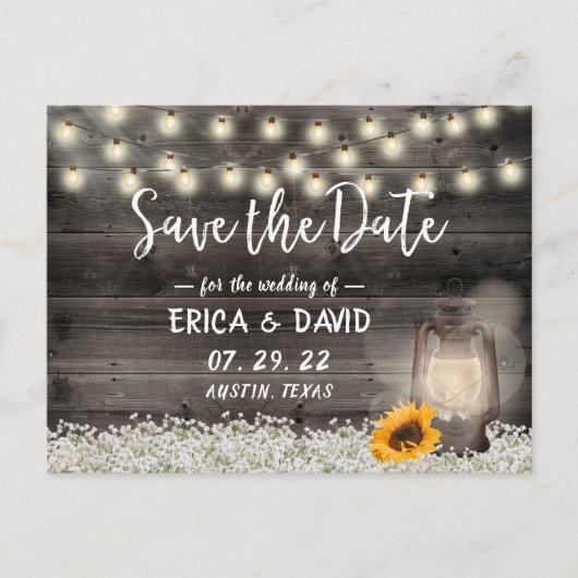 ヴィンテージひまわりランタン結婚式の日付保存 案内ポストカード (正面)