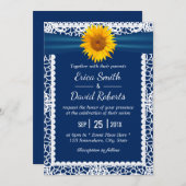 ヴィンテージひまわりリボンレースネイビーブルー結婚ズ 招待状 (正面/裏面)