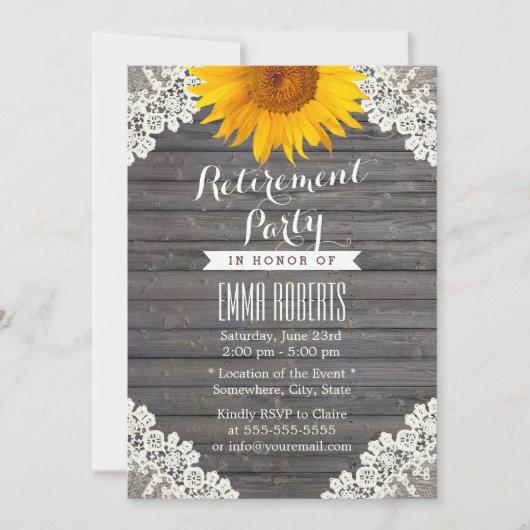ヴィンテージひまわりレース納屋ウッドリタイアメントパーティー 招待状 (正面)