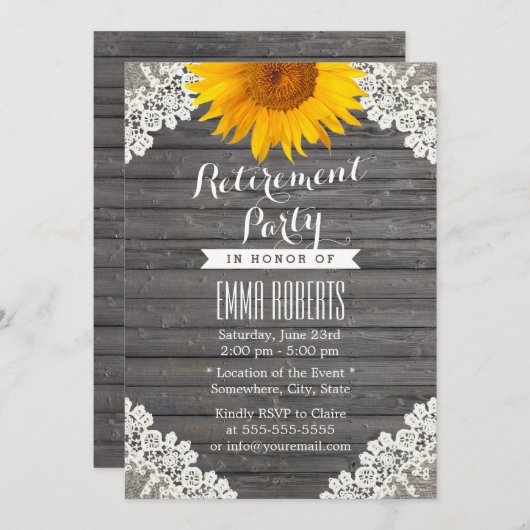 ヴィンテージひまわりレース納屋ウッドリタイアメントパーティー 招待状 (正面/裏面)