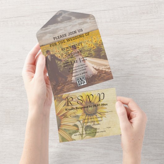 ヴィンテージひまわり写真QRコード オールインワン招待状 (貼ってはがせる)