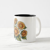 ヴィンテージひまわり蜂イラストレーションフローラ自然 ツートーンマグカップ (正面右)