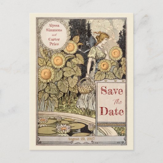 ヴィンテージひまわり 秋のSave the Date ポストカード (正面)