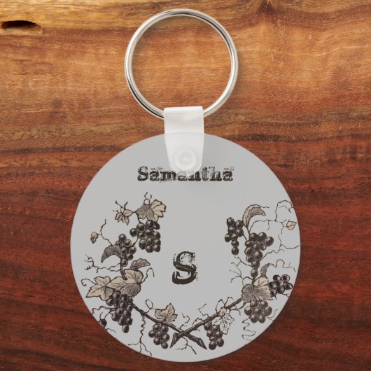 ヴィンテージぶどうつる植物スケッチ植物枠モノグラム キーホルダー (正面)