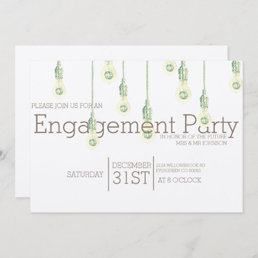 ヴィンテージぶら下がったの電球 |婚約パーティ 招待状 (正面/裏面)