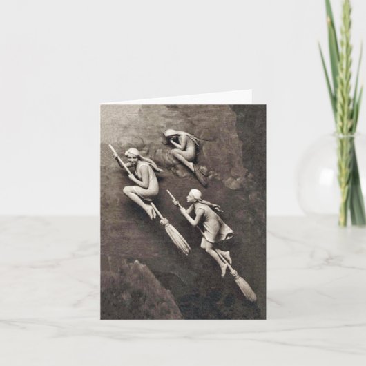 ヴィンテージほうきを飛ばしているハロウィンの3人の魔法使い カード (正面)