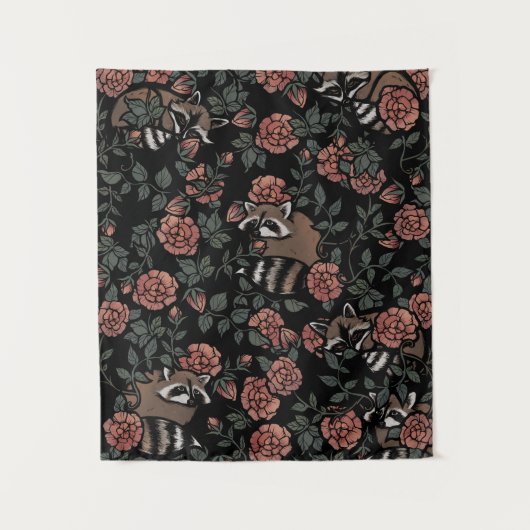 ヴィンテージほこりっぽいバラアライグマ模様 タペストリー (正面)
