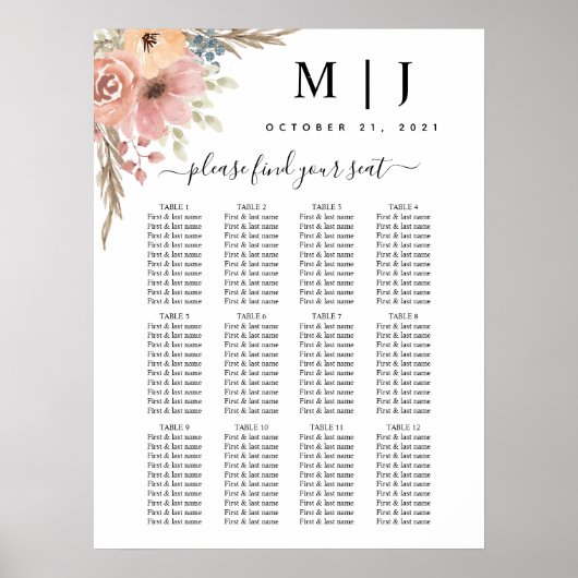 ヴィンテージほこりっぽいバラピーチフローラシーティングチャート ポスター (正面)