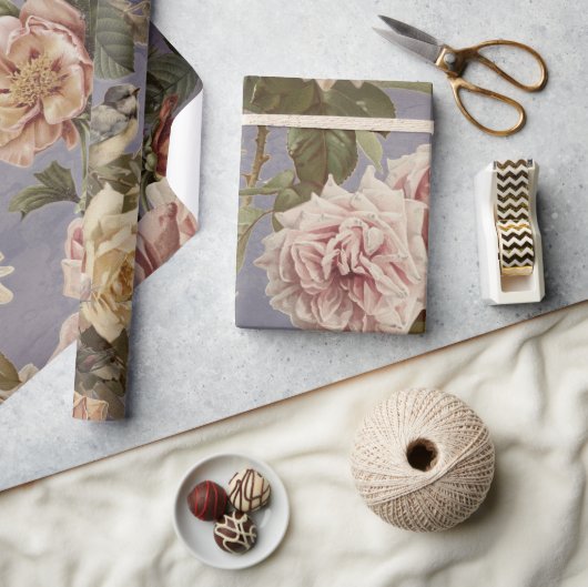 ヴィンテージほこりっぽいバラ牡丹バーズブルーデカップージ ラッピングペーパー (クラフト)