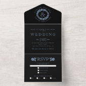 ヴィンテージほこりっぽいブルーバラリースオンブラック結婚ズ オールインワン招待状 (内側)