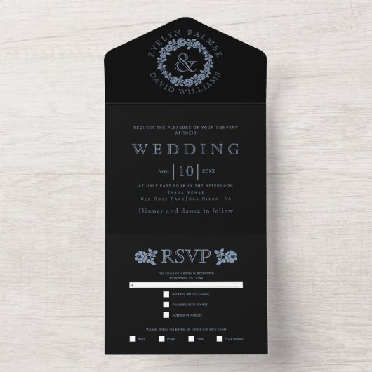 ヴィンテージほこりっぽいブルーバラリースオンブラック結婚ズ オールインワン招待状 (内側)