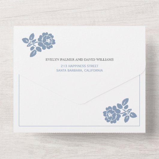 ヴィンテージほこりっぽいブルーバラリースオンブラック結婚ズ オールインワン招待状 (裏面)