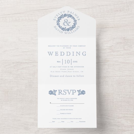 ヴィンテージほこりっぽいブルーバラリースオンホワイト結婚ズアル オールインワン招待状 (内側)