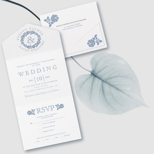 ヴィンテージほこりっぽいブルーバラリースオンホワイト結婚ズアル オールインワン招待状