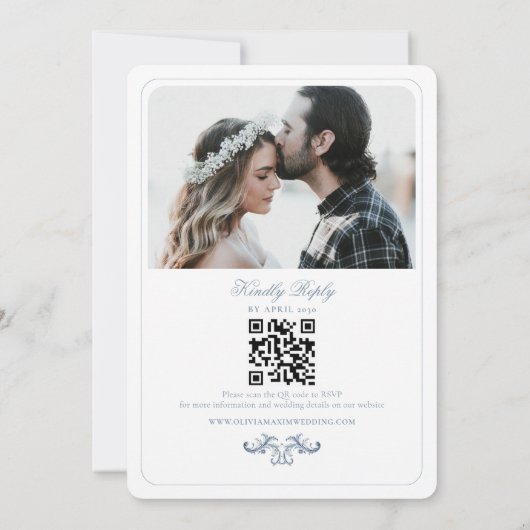 ヴィンテージほこりっぽいブルーフォトウェディングQRとの招待 招待状 (裏面)