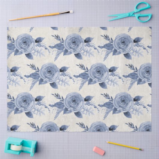 ヴィンテージほこりっぽい青い牡丹フローラの葉の切り離し 薄葉紙 (クラフト)