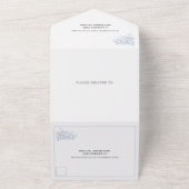 ヴィンテージほこりっぽい青い紋章結婚の オールインワン招待状 (外側)