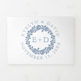 ヴィンテージほこりっぽい青バラリース白結婚色 三つ折り招待状