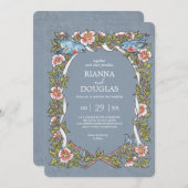 ヴィンテージほこりっぽい青フローラ鳥の水色結婚の 招待状 (正面/裏面)