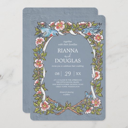 ヴィンテージほこりっぽい青フローラ鳥の水色結婚の 招待状 (正面/裏面)