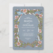 ヴィンテージほこりっぽい青フローラ鳥の水色結婚の 招待状 (正面)