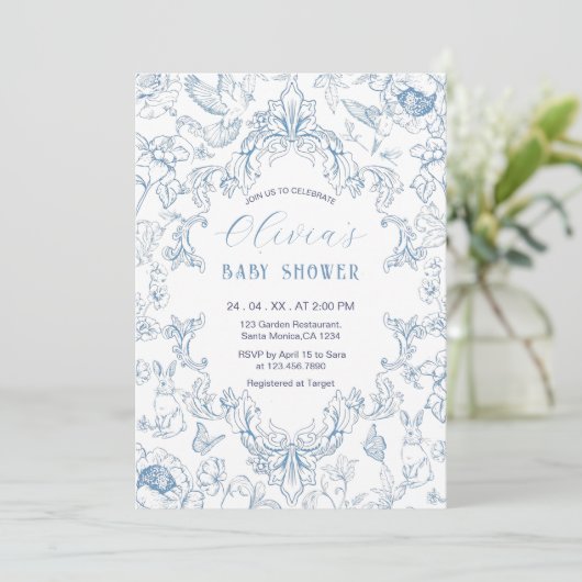 ヴィンテージほこりっぽい青Chinoiserieトイレベビースシャワー 招待状 (スタンド正面)