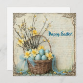 ヴィンテージみすぼらしいシックなイースターエッグでカゴの水仙 シーズンカード (正面/裏面)
