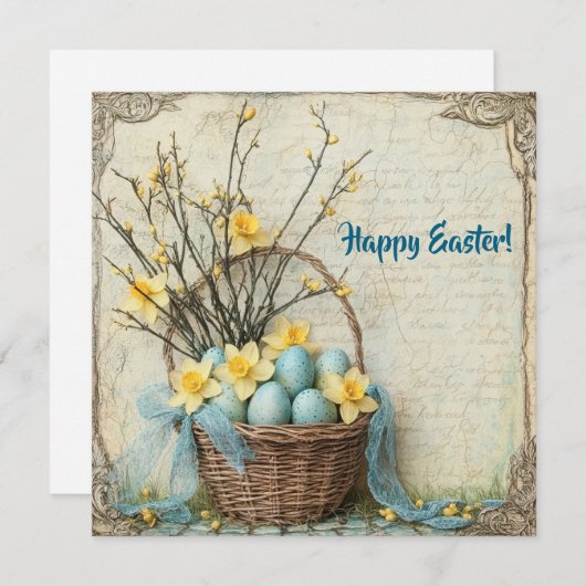 ヴィンテージみすぼらしいシックなイースターエッグでカゴの水仙 シーズンカード (正面/裏面)