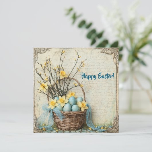 ヴィンテージみすぼらしいシックなイースターエッグでカゴの水仙 シーズンカード (スタンド正面)