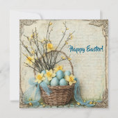 ヴィンテージみすぼらしいシックなイースターエッグでカゴの水仙 シーズンカード (正面)