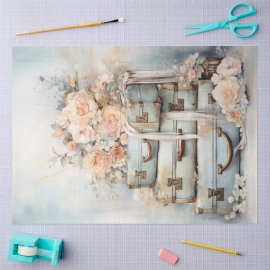 ヴィンテージみすぼらしいシックなスーツケースフローラパステルグリーン 薄葉紙 (クラフト)