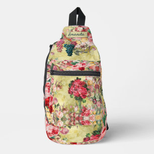 ヴィンテージみすぼらしいシックなバラと花瓶のイエロープリント スリングバッグ