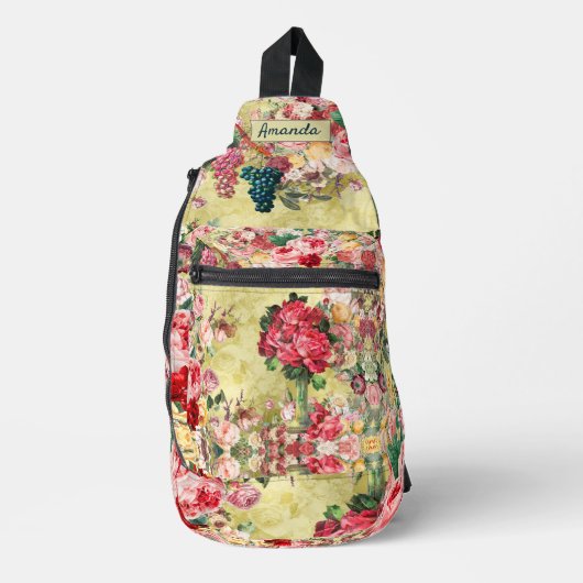 ヴィンテージみすぼらしいシックなバラと花瓶のイエロープリント スリングバッグ (正面)