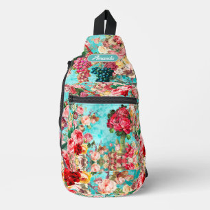 ヴィンテージみすぼらしいシックなバラと花瓶のブルー印刷 スリングバッグ