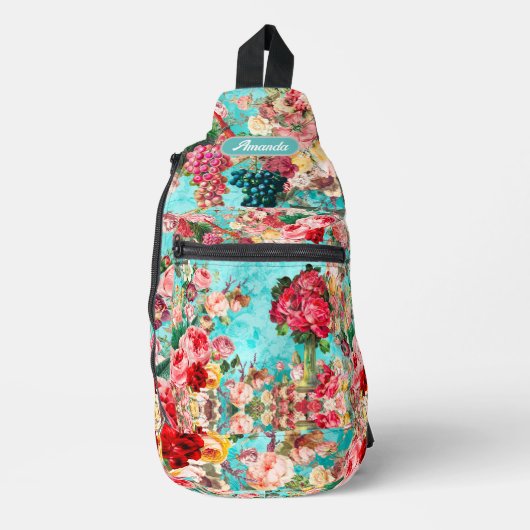 ヴィンテージみすぼらしいシックなバラと花瓶のブルー印刷 スリングバッグ (正面)