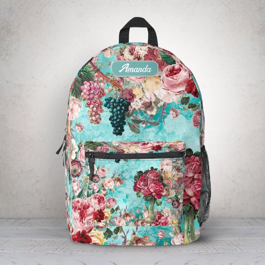 ヴィンテージみすぼらしいシックなバラと花瓶の青 プリントバックパック