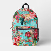 ヴィンテージみすぼらしいシックなバラと花瓶の青 プリントバックパック (正面)