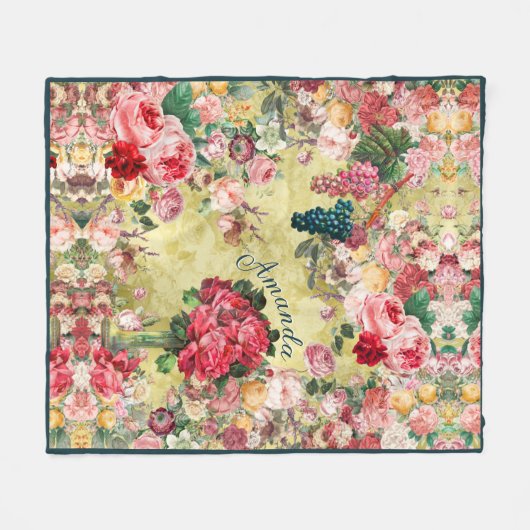 ヴィンテージみすぼらしいシックなバラと花瓶の黄色 フリースブランケット (正面(横))