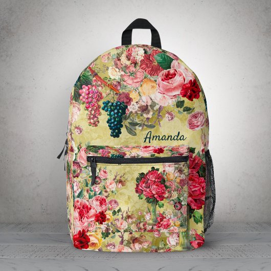 ヴィンテージみすぼらしいシックなバラと花瓶の黄色 プリントバックパック