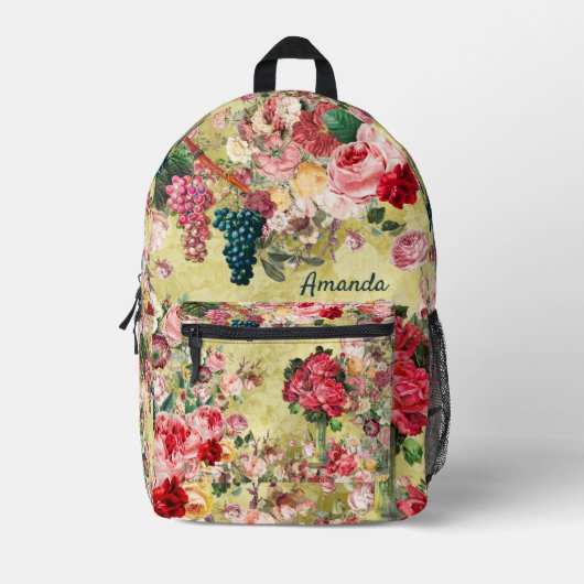 ヴィンテージみすぼらしいシックなバラと花瓶の黄色 プリントバックパック (正面)