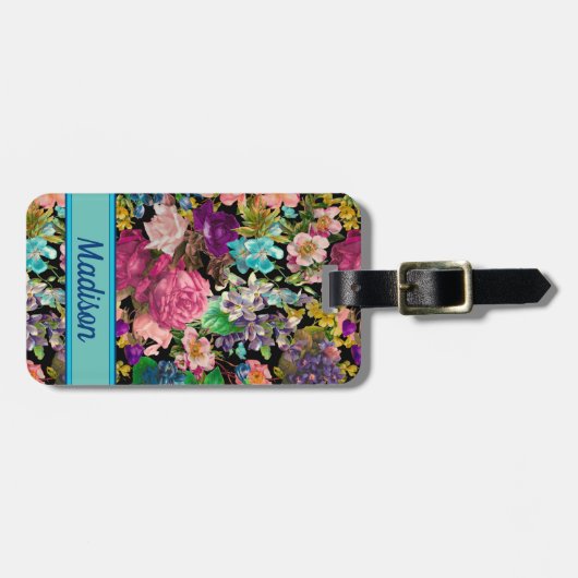 ヴィンテージみすぼらしいシックなバラブラックピンクパターン ラゲッジタグ (正面横)