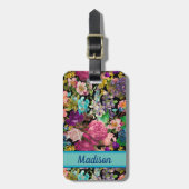 ヴィンテージみすぼらしいシックなバラブラックピンクパターン ラゲッジタグ (正面縦)