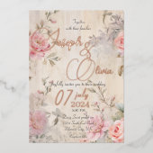 ヴィンテージみすぼらしいシックなピンクのフローラ 箔招待状 (正面)